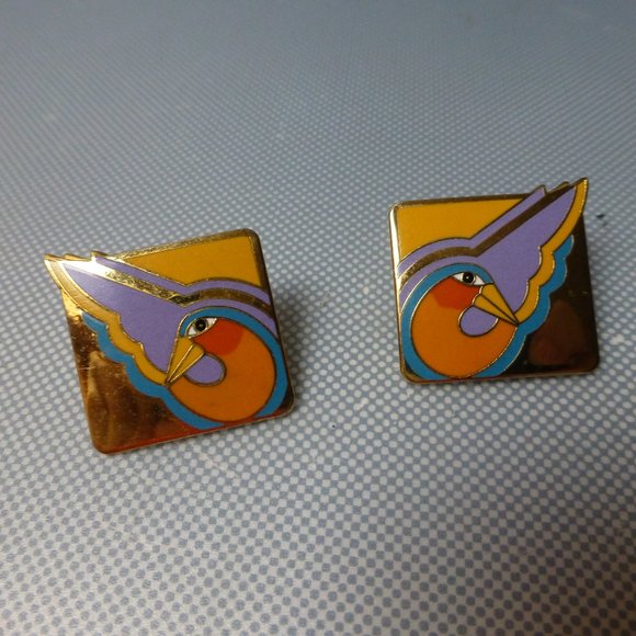 Laurel Burch "Sha Bird" enamel pierced earrings. - Picture 1 of 2